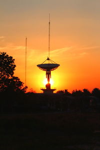 Satellite dish on field against sky during sunset