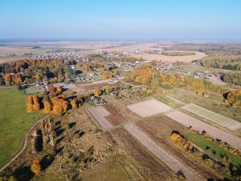 High angle view of field against sky