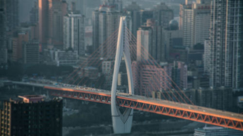 View of suspension bridge in city