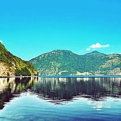 Calm lake with mountains in background