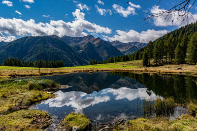 Scenic view of lake and mountains against sky