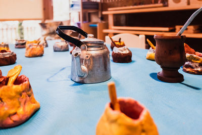 Close-up of kettle on table