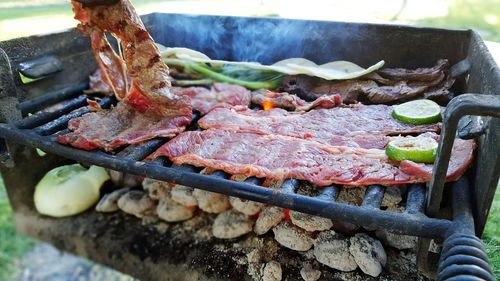 Close-up of meat cooking on barbeque grill in back yard