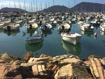 Boats moored at harbor