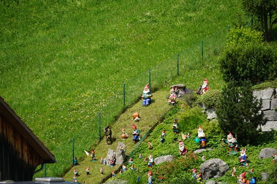 High angle view of people on field