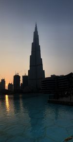 Buildings in city at sunset