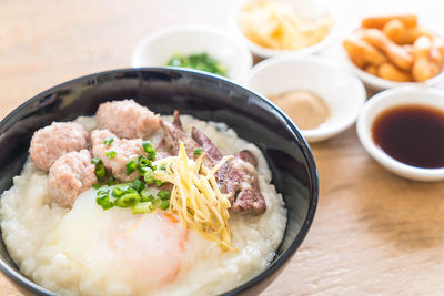 High angle view of food in bowl on table