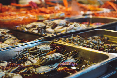 Close up view of seafood for sale at market stall