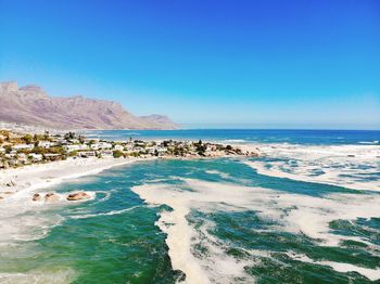 Scenic view of sea against clear blue sky