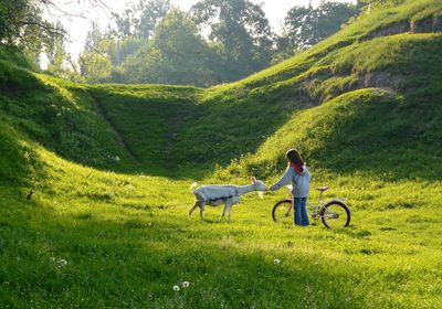 Girl touching goat while standing on grassy field during sunny day