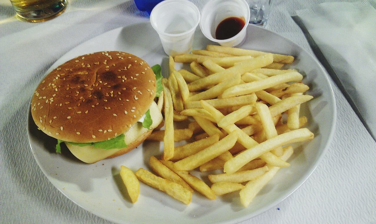 food and drink, food, freshness, ready-to-eat, plate, indoors, french fries, table, still life, serving size, meal, bread, close-up, healthy eating, indulgence, high angle view, prepared potato, sauce, fast food