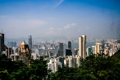 Modern buildings and victoria harbor against sky