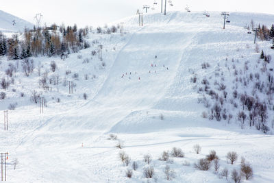 High angle view of snow covered field