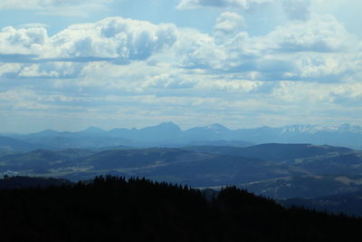 Scenic view of silhouette mountains against sky