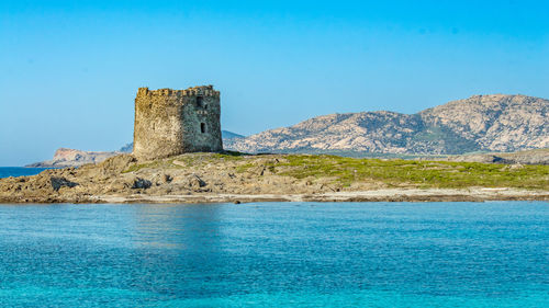 Scenic view of sea against clear blue sky