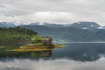 Scenic view of lake and mountains against sky