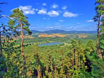 High angle view of river with mountains in background