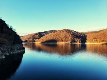 Scenic view of lake against clear blue sky