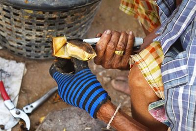 Midsection of man cutting mango seed