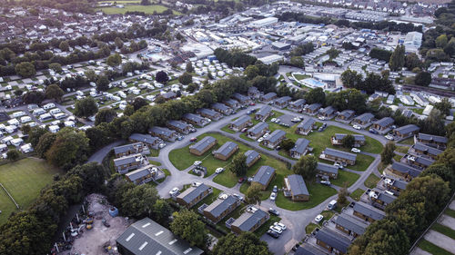 High angle view of street amidst buildings in city