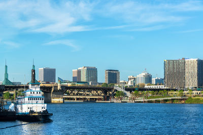 River by cityscape against sky