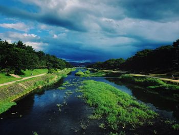Scenic view of lake against cloudy sky