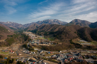 High angle view of mountains against sky