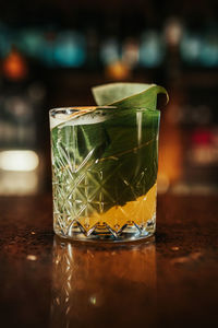 Close-up of beer glass on table