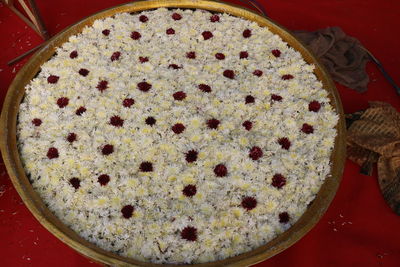 High angle view of dessert on table