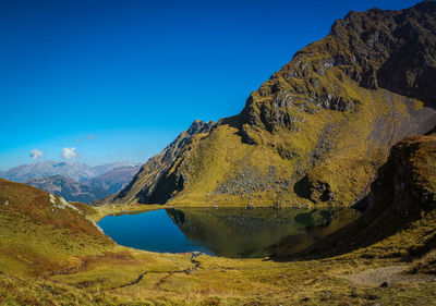Scenic view of lake and mountains against blue sky