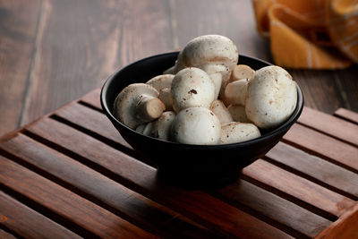 High angle view of eggs in bowl on table