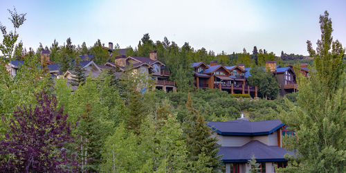 Houses and trees in village against sky