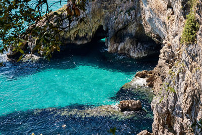 High angle view of rocks on sea shore