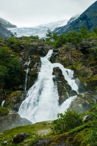 Scenic view of waterfall, birksdal glacier