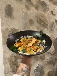 High angle view of person preparing food in kitchen