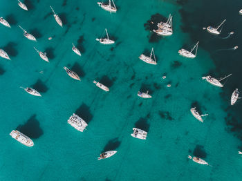 High angle view of boats moored in sea