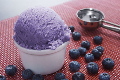 Close-up of ice cream with blueberries on place mat