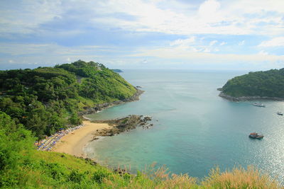 High angle view of bay against sky