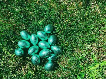 Green foil covered chocolate easter eggs placed on green grass outdoors 