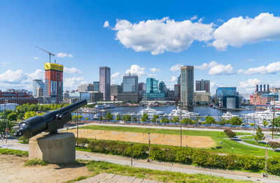 Modern buildings in city against sky