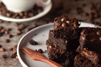 Close-up of chocolate cake in plate