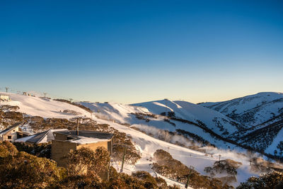 Scenic view of snowcapped mountains against clear blue sky