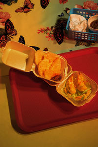 High angle view of breakfast on table