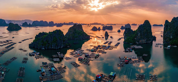 High angle view of city during sunset