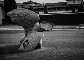 Statue on field by building against sky