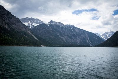 Scenic view of lake and mountains against sky