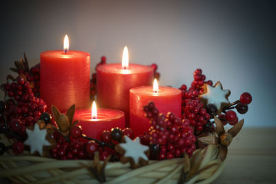 Close-up of illuminated candles on table