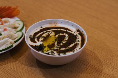 High angle view of food in plate on table