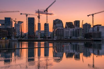 Reflection of buildings in city at sunset