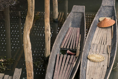 Close-up of wooden boats
